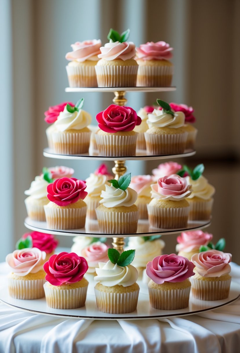 A display of cupcakes topped with fresh edible roses arranged on a multi-tiered cake stand.