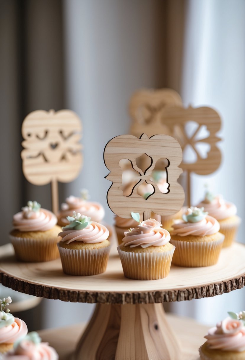 A wedding cupcake display with wooden stencil cut signs and decorated cupcakes on wooden stands.