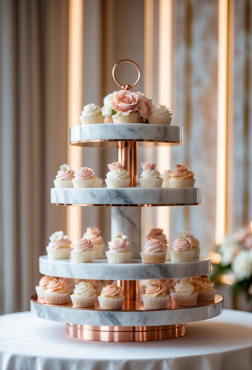 A tiered marble and rose gold cupcake stand filled with decorated wedding cupcakes on a white table.