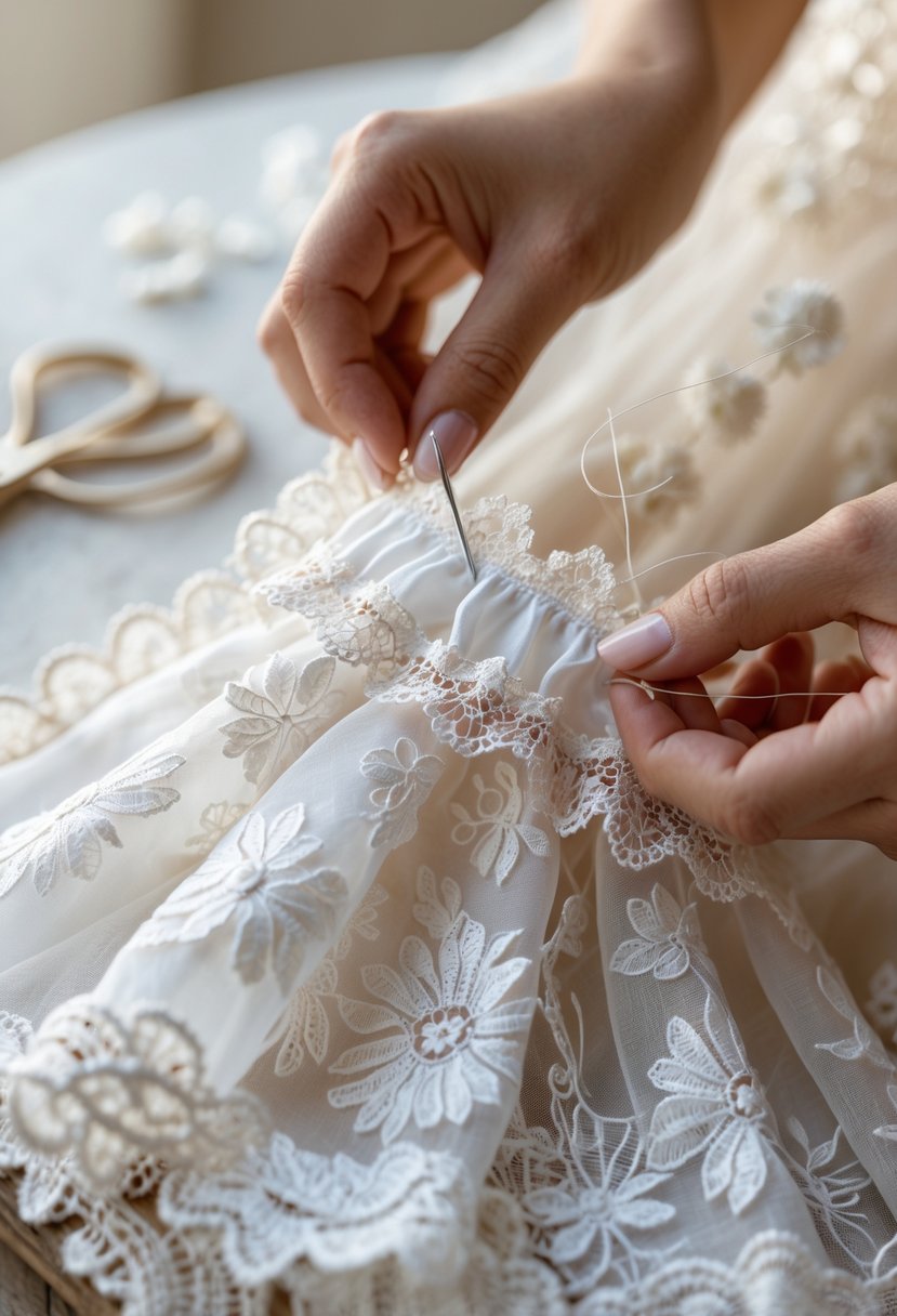 Hands sewing a delicate lace garter using trims from a wedding gown on a clean workspace.