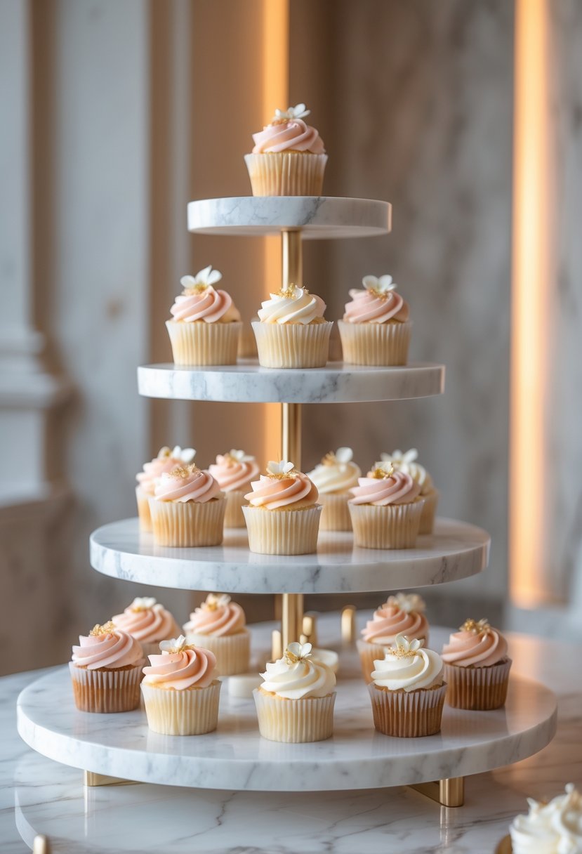 A tiered marble cupcake display with pastel-colored cupcakes decorated with edible flowers on a blurred background.