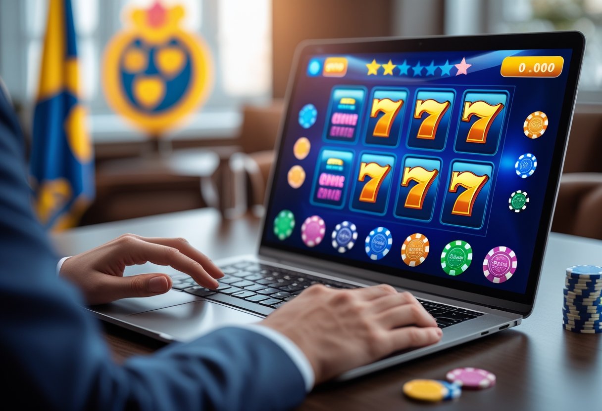 Cilvēka rokas pie datora ar online kazino ekrānu un Latvijas simboliem fonā.