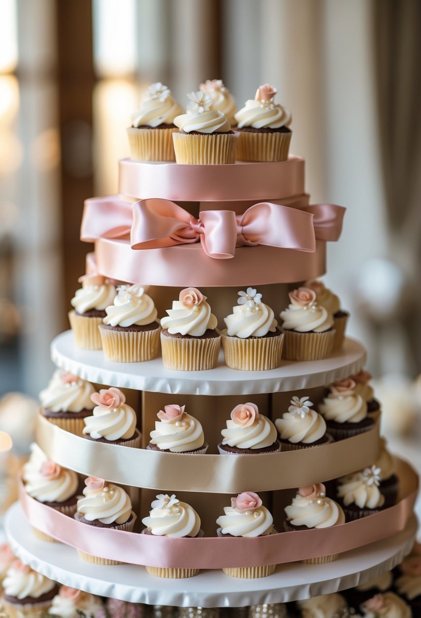 A multi-tiered wedding cupcake display with satin ribbons wrapped around each tier and decorated cupcakes.