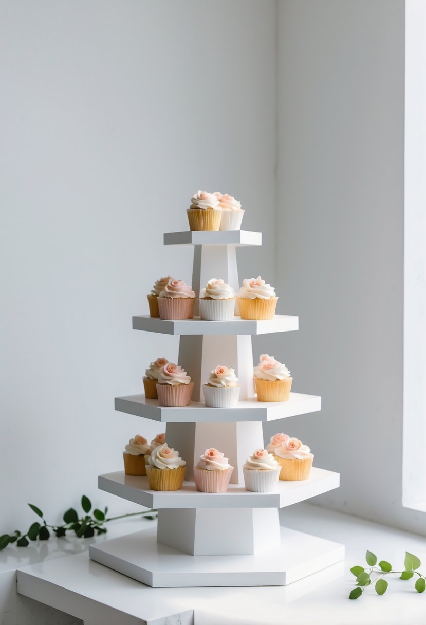 A white hexagonal tiered stand displaying neatly arranged wedding cupcakes with pastel frosting on multiple levels.