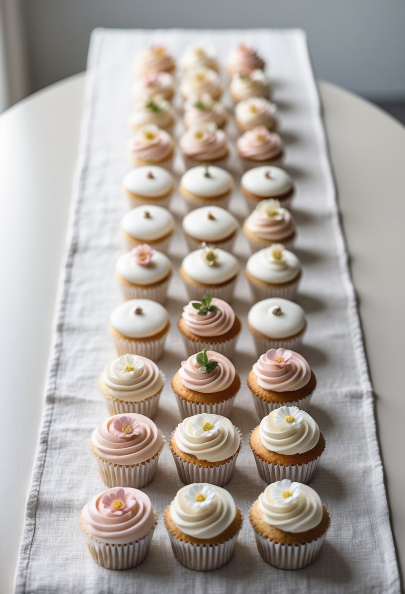 A linen table runner with a neat arrangement of pastel wedding cupcakes topped with small decorations.