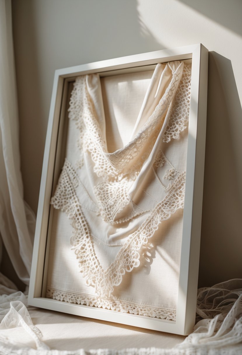 Framed fabric art piece made from lace and fabric displayed against a neutral background.