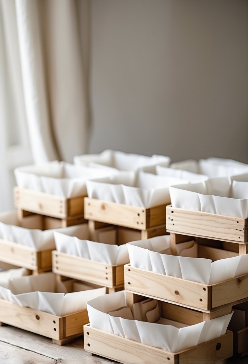 Bare wood cupcake crates lined with white paper arranged for a wedding display.