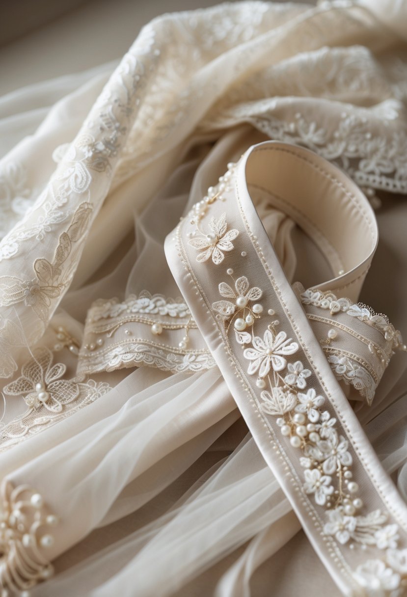 Close-up of a bridal sash made from wedding dress fabric displayed on a soft background.