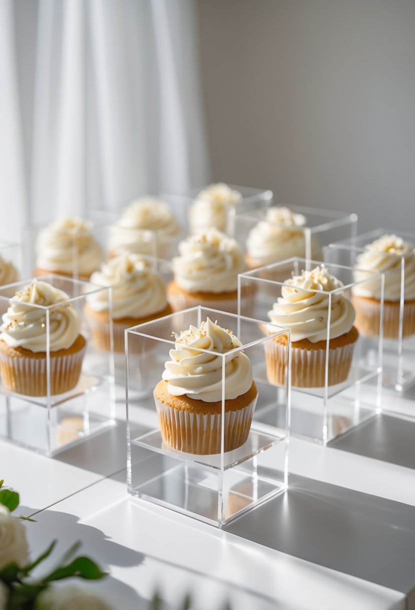 Square clear acrylic boxes displaying decorated cupcakes arranged on a white surface.