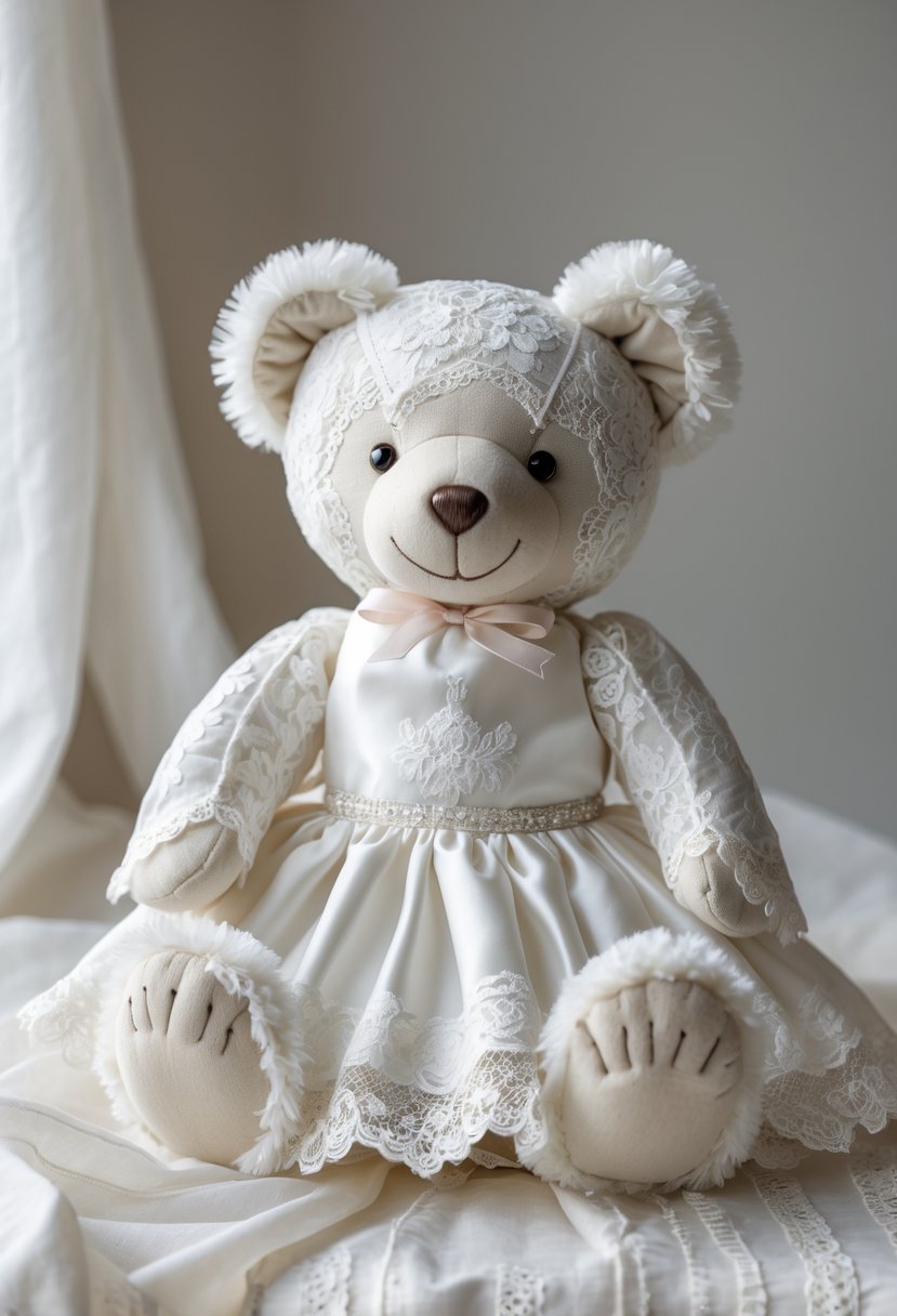 A teddy bear made from white wedding dress fabric sitting on a plain background.