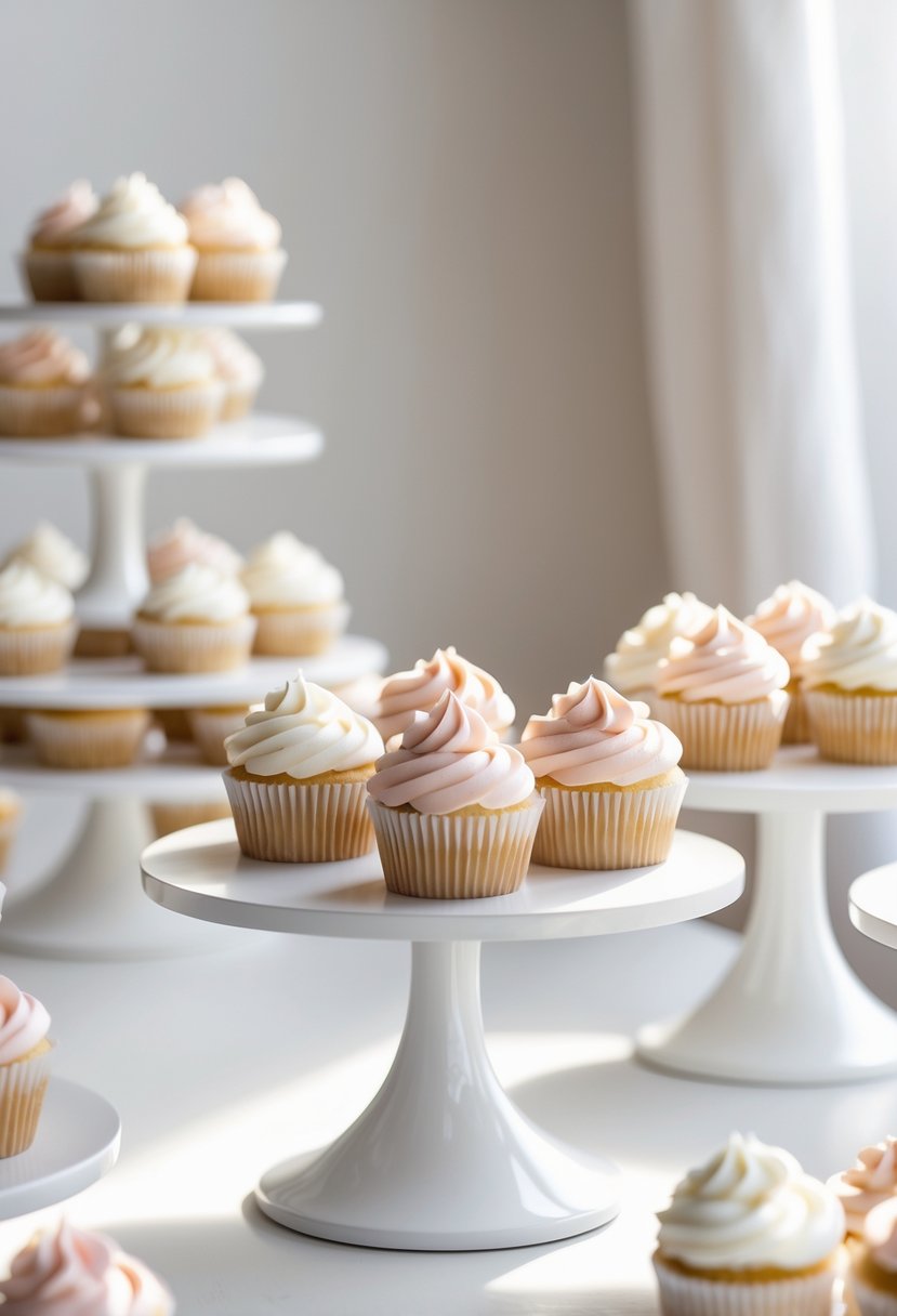 White cake stands with cupcakes arranged on a white surface in a simple and elegant setup.