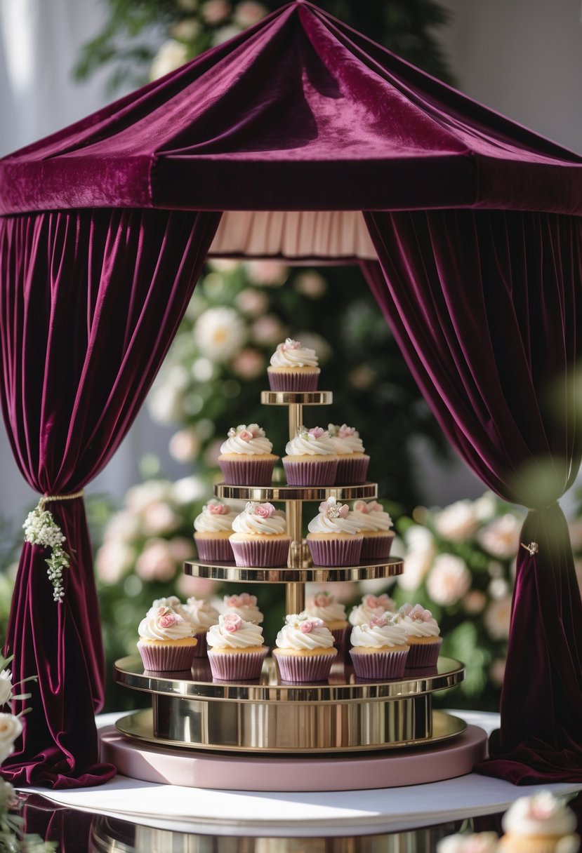A wedding cupcake display with a burgundy velvet pavilion and multiple tiers of decorated cupcakes arranged underneath.