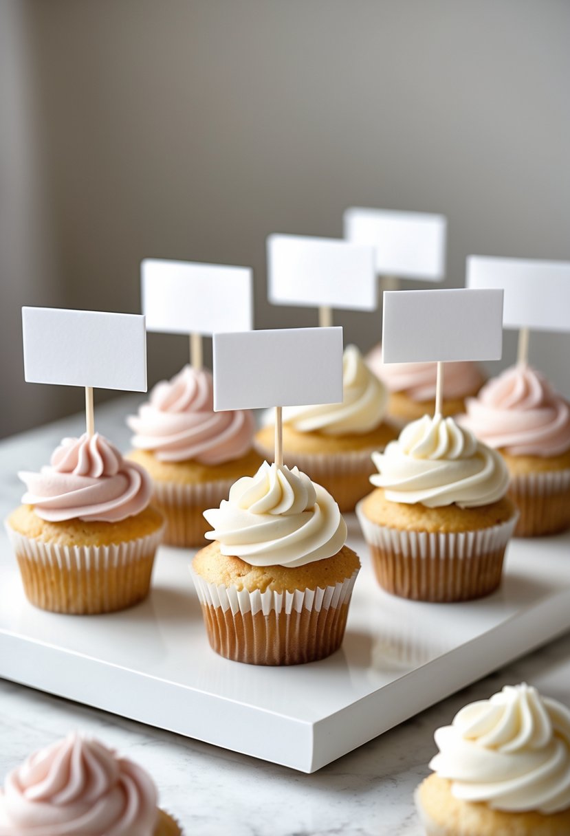 Cupcakes with white flag toppers arranged neatly on a white surface in a wedding setting.