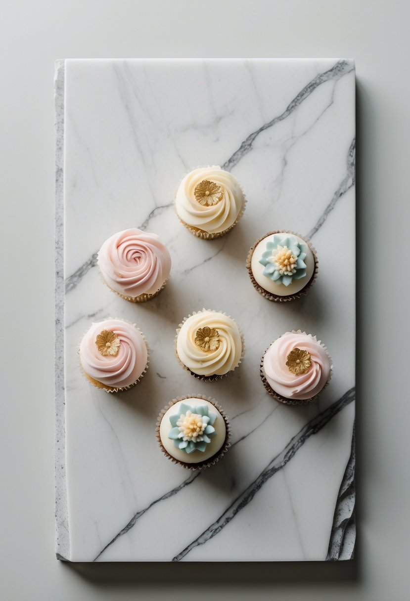 White marble slab displaying decorated wedding cupcakes with floral frosting and gold accents on a neutral background.
