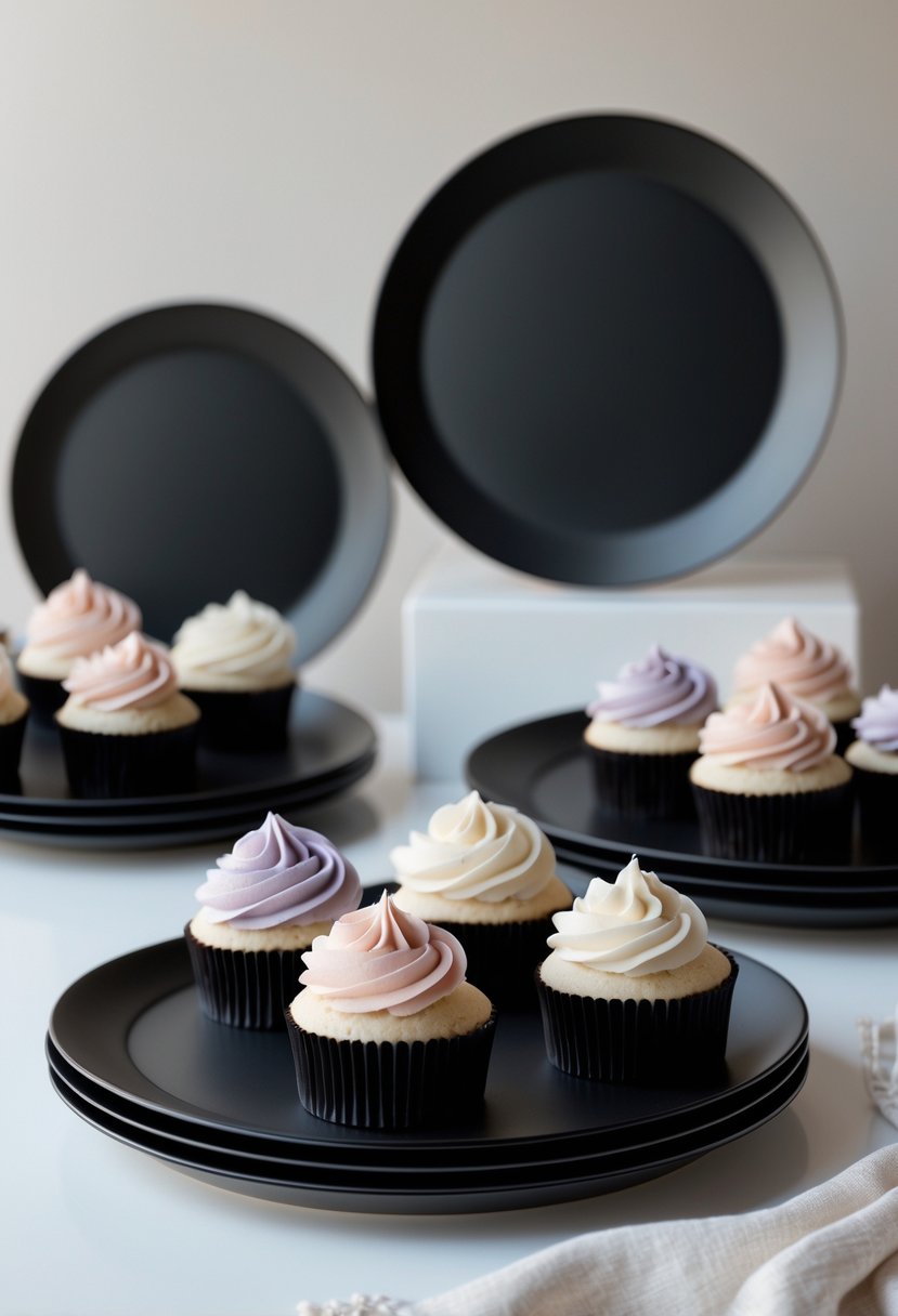 A wedding cupcake display with matte black geometric plates holding pastel-colored cupcakes on a white surface.