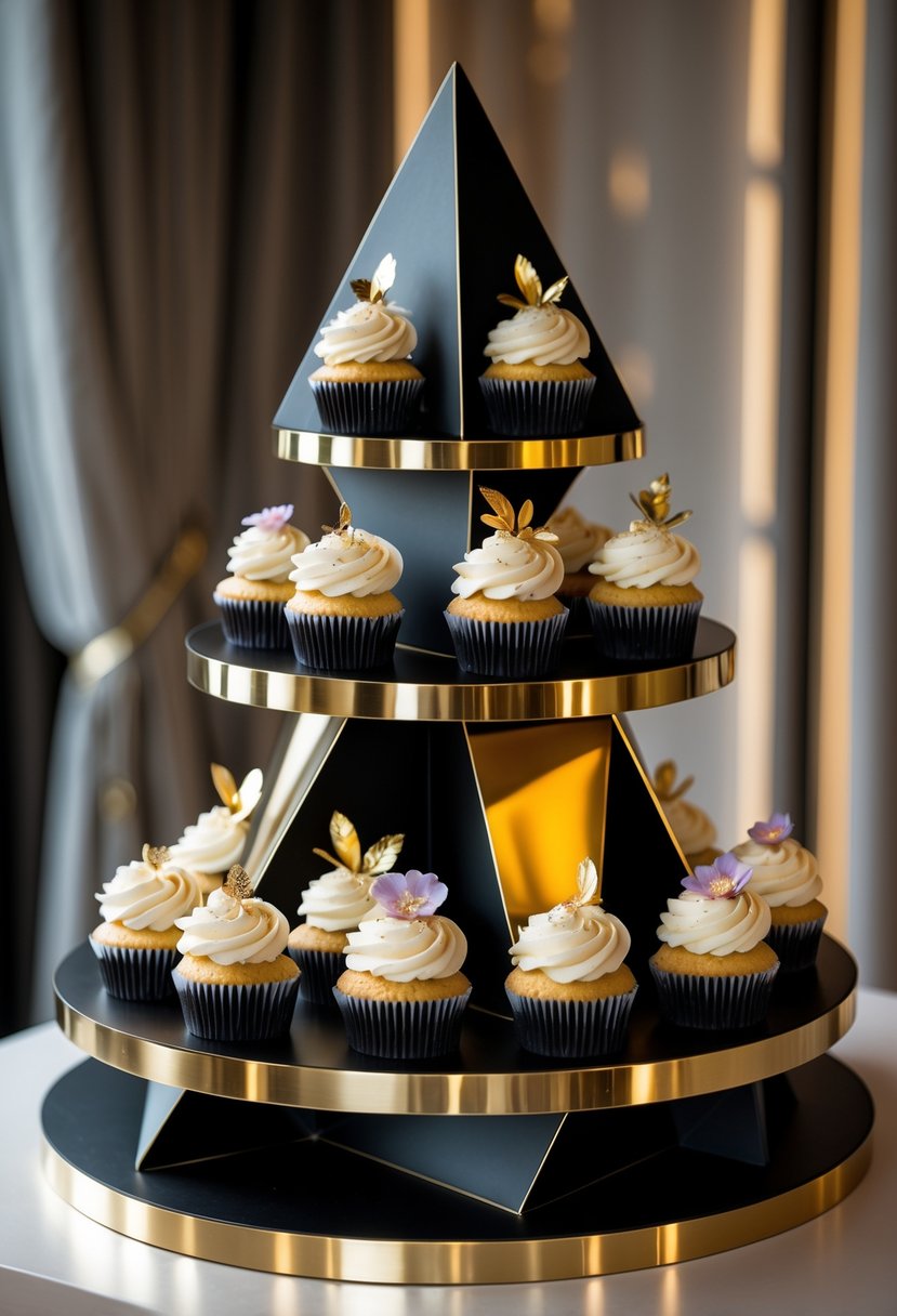 A tiered black and gold geometric stand displaying decorated wedding cupcakes on multiple levels.