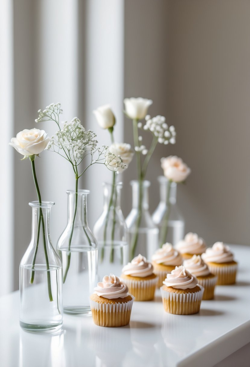A display of simple glass vases each holding a single flower, arranged next to small decorated wedding cupcakes on a white surface.