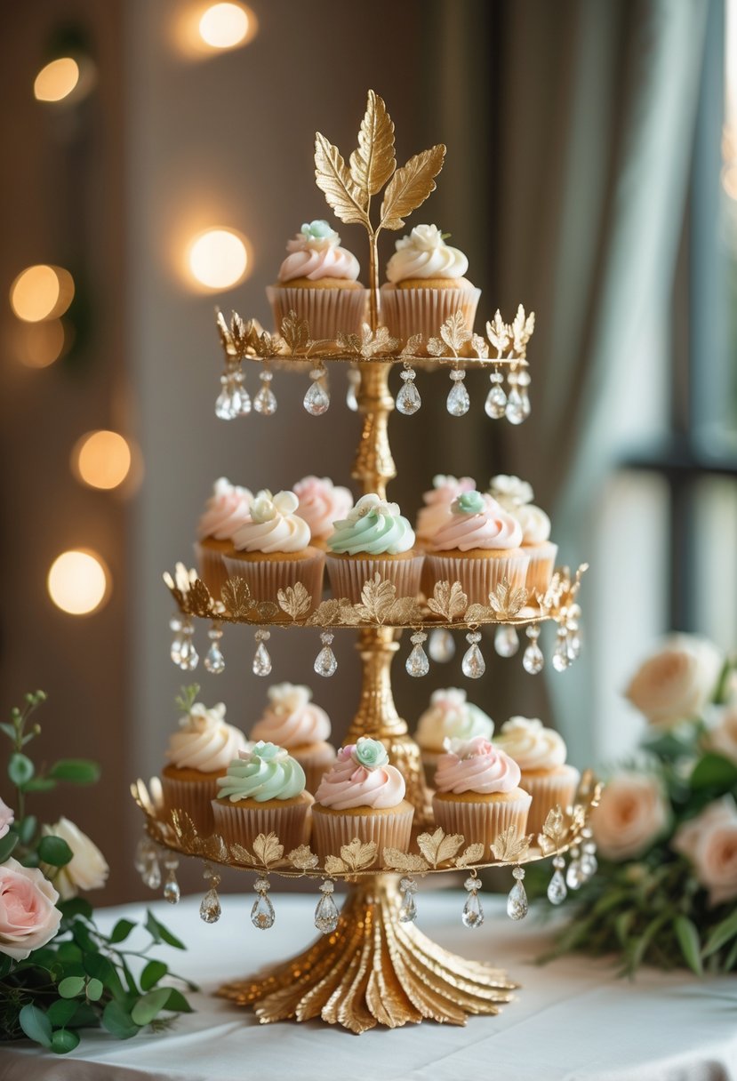 A gilded leaf cake stand with crystal accents displaying decorated wedding cupcakes on a white table with floral decorations.