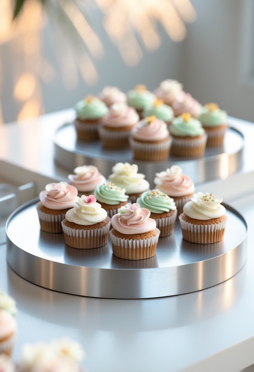 Brushed steel flat cupcake trays holding pastel-colored cupcakes with floral decorations on a white surface.