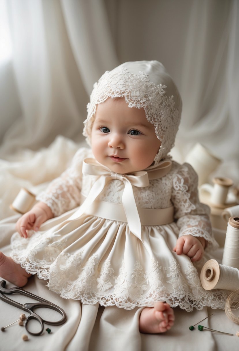 A baby bonnet and headband made from wedding dress fabric displayed with sewing tools on a soft surface.