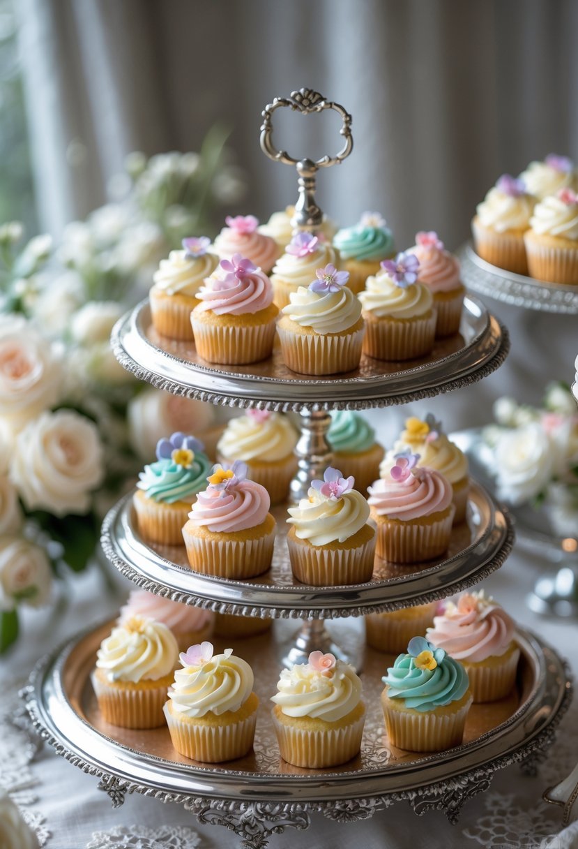 Assorted cupcakes arranged on antique silver platters with floral decorations on a wedding table.