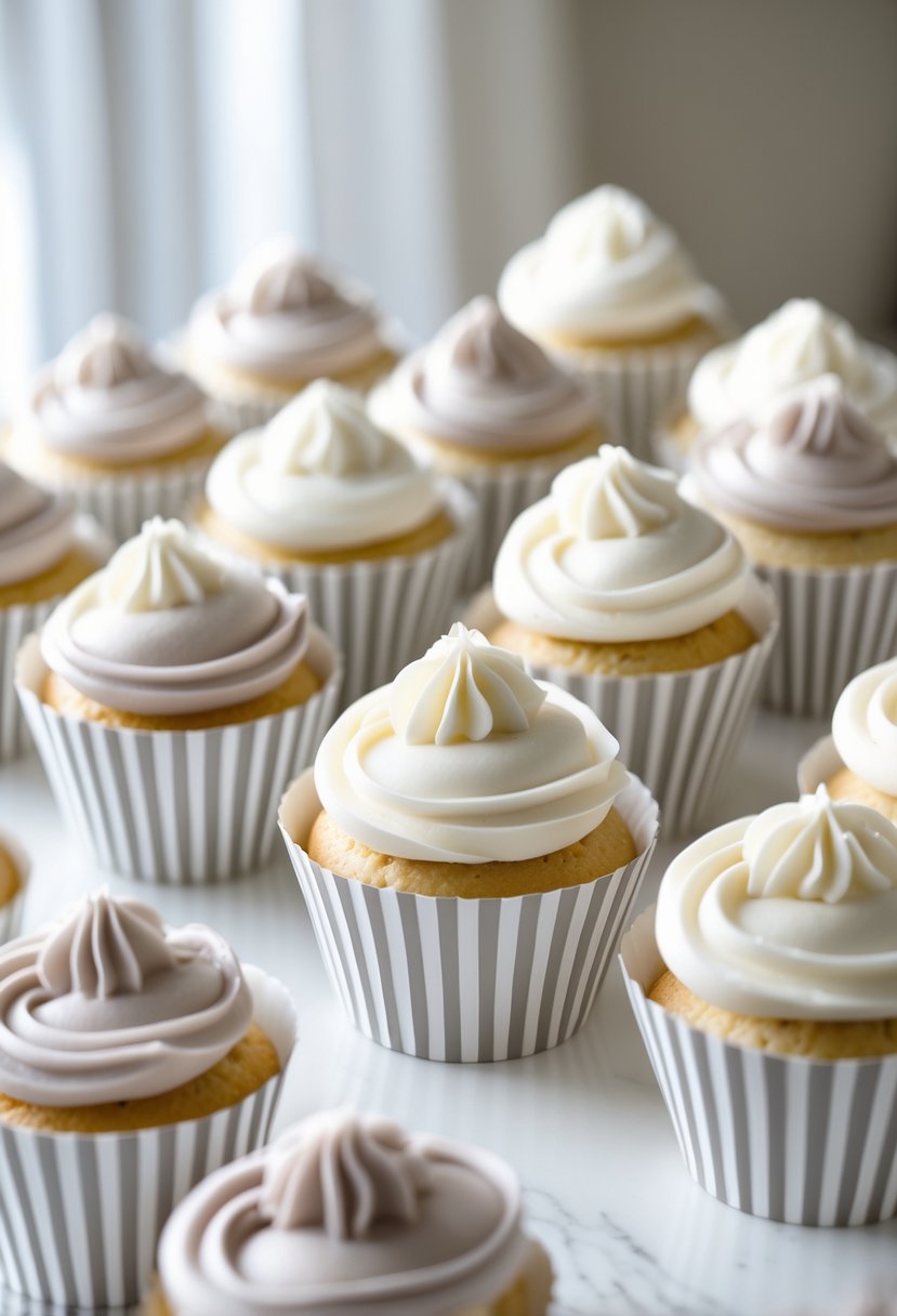 A neat arrangement of cupcakes with striped wrappers on a white surface, softly lit with a blurred background.