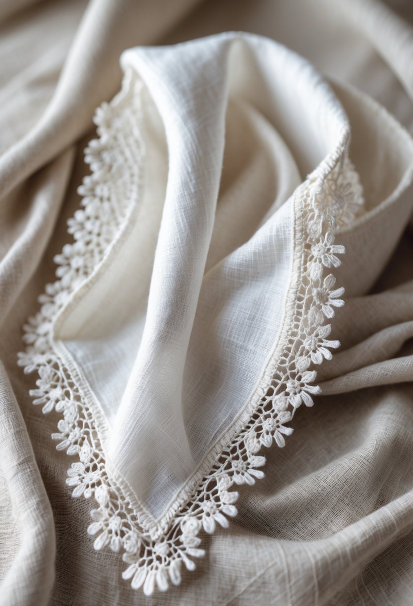 A folded white handkerchief with detailed lace edging placed on a soft fabric background.