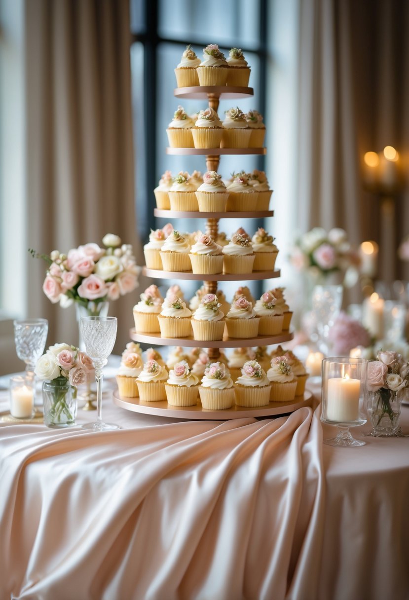 A wedding cupcake display on a silk-draped table with multiple tiers of decorated cupcakes and floral accents.
