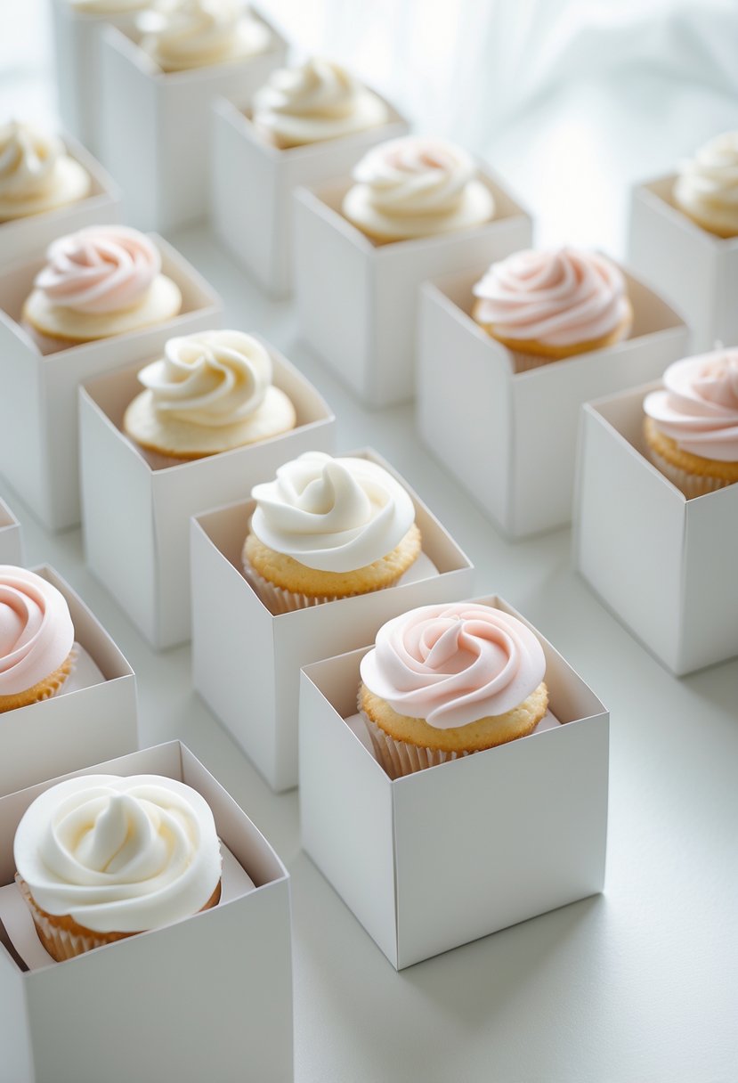 Plain white cupcake display boxes arranged with decorated cupcakes on a light surface.