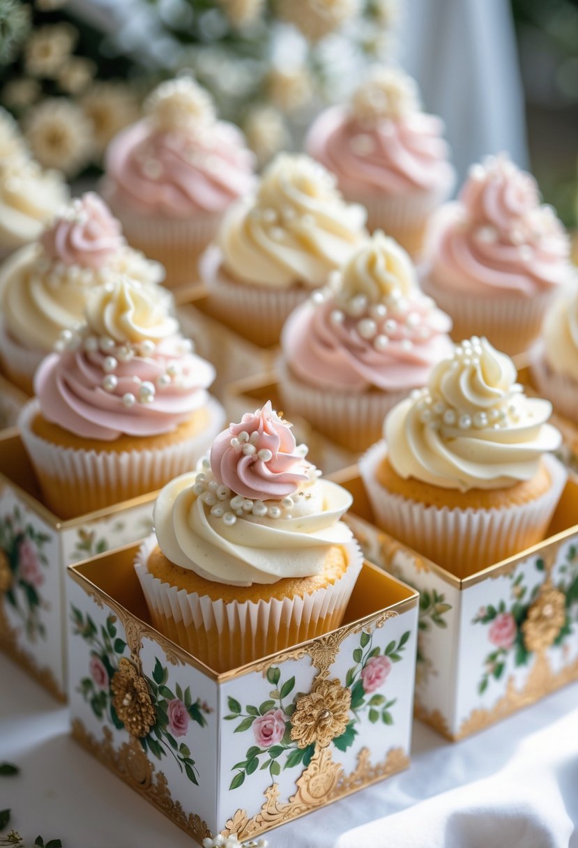 A display of cupcakes arranged in hand-painted artisanal boxes on a white tablecloth.