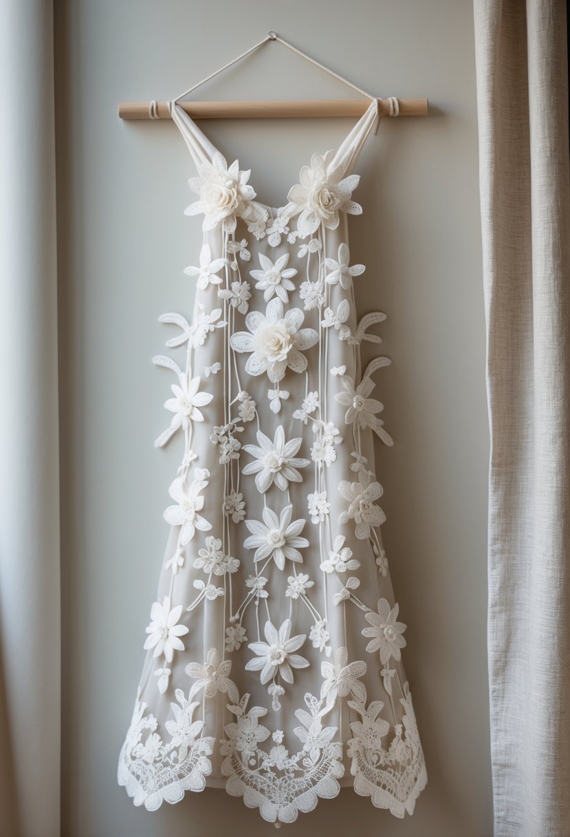 Decorative wall hanging with white lace appliqué displayed on a wooden dowel against a neutral background.