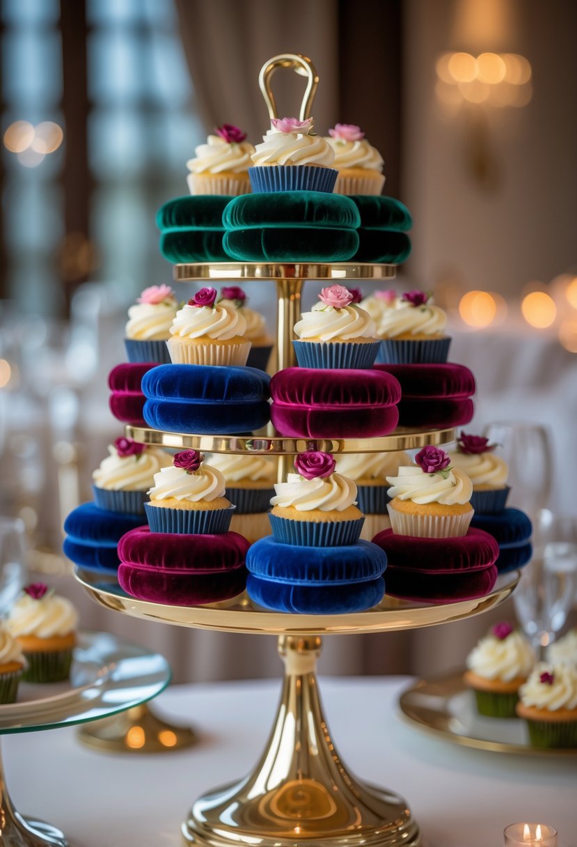 A wedding cupcake display with velvet-cushioned holders showcasing decorated cupcakes on a multi-tiered stand.