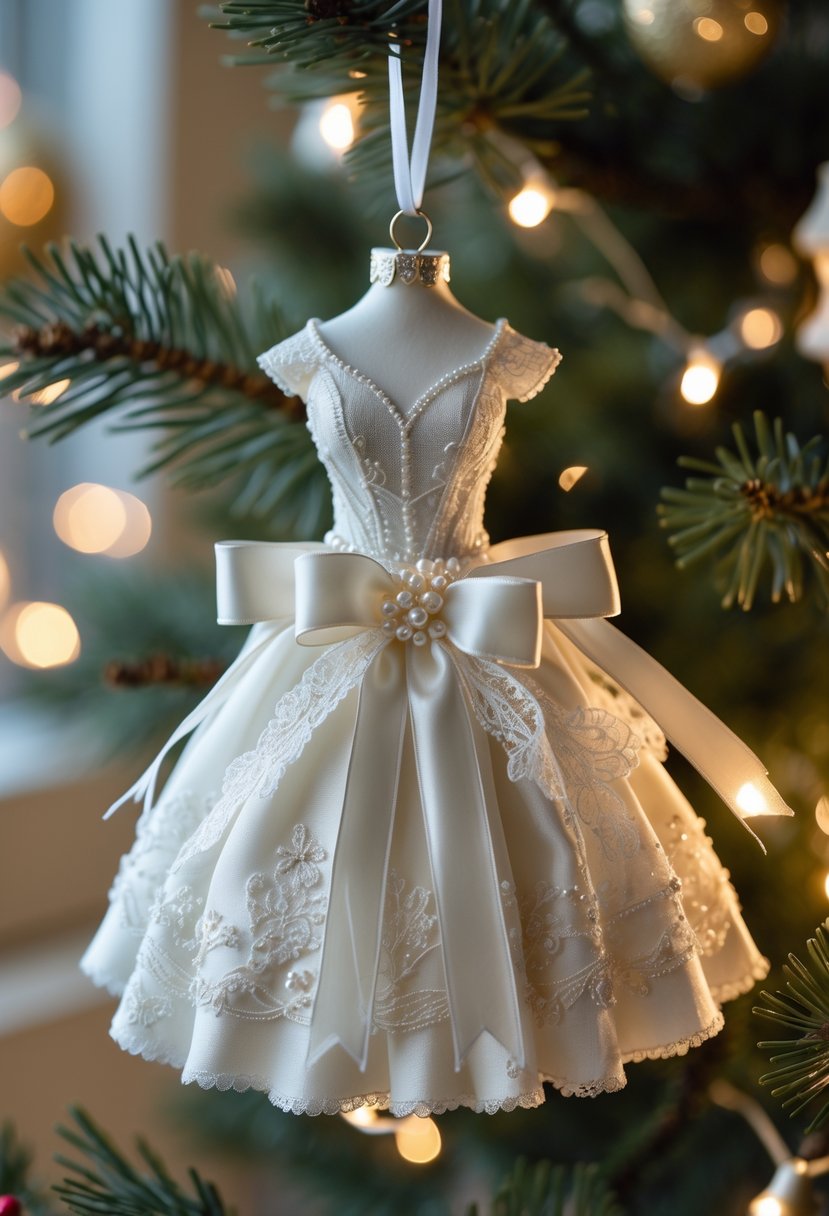 A fabric Christmas ornament shaped like a classic white wedding dress hanging on a decorated Christmas tree branch with soft festive lights in the background.