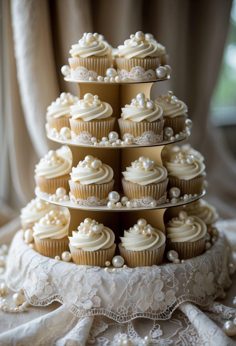 A tiered display of wedding cupcakes decorated with ivory lace patterns and pearl accents.