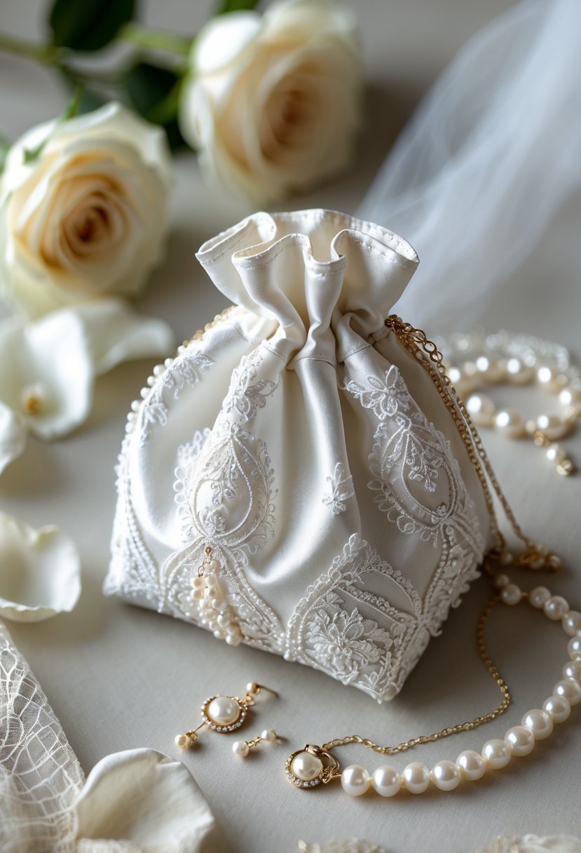 A keepsake pouch made from wedding dress fabric with jewelry inside, surrounded by rose petals and bridal accessories.