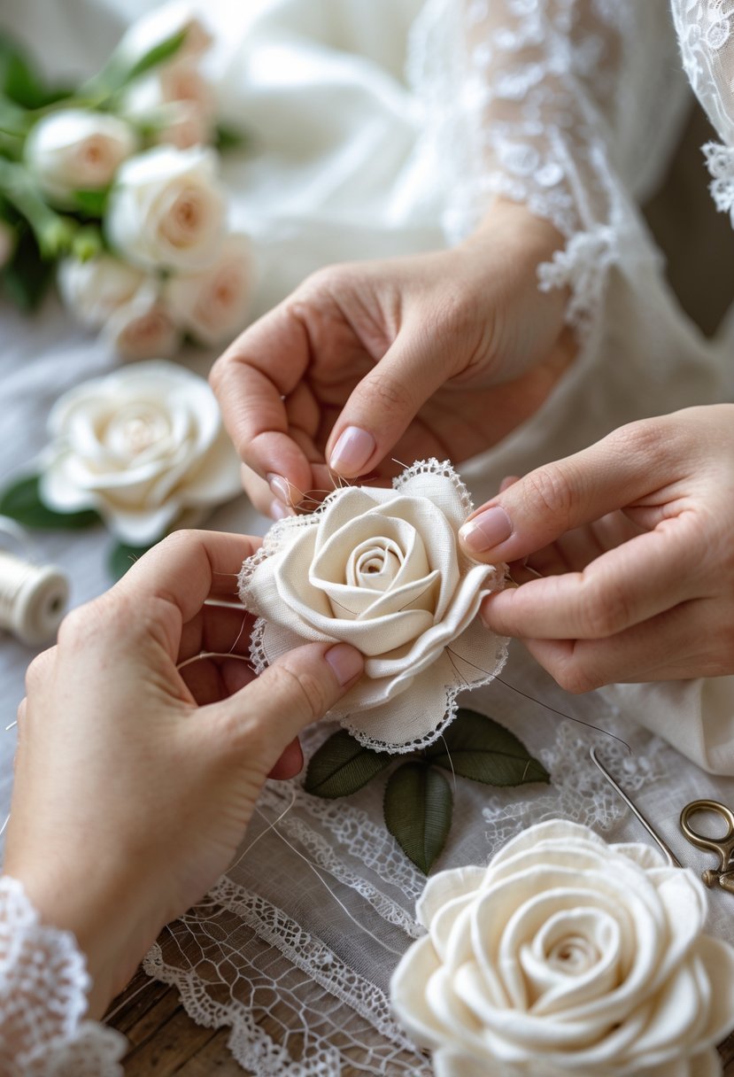 Close-up of hands sewing fabric roses with sewing tools and wedding dress materials in the background.