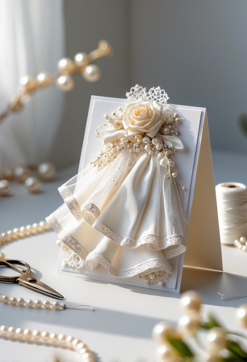 A handmade greeting card decorated with fabric accents resembling a classic wedding dress, placed on a table with sewing materials nearby.