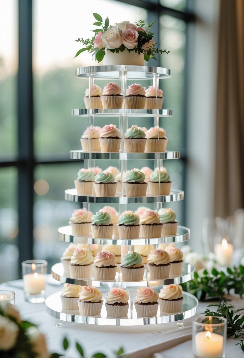 A clear multi-tier acrylic cupcake tower displaying decorated cupcakes at a wedding reception.