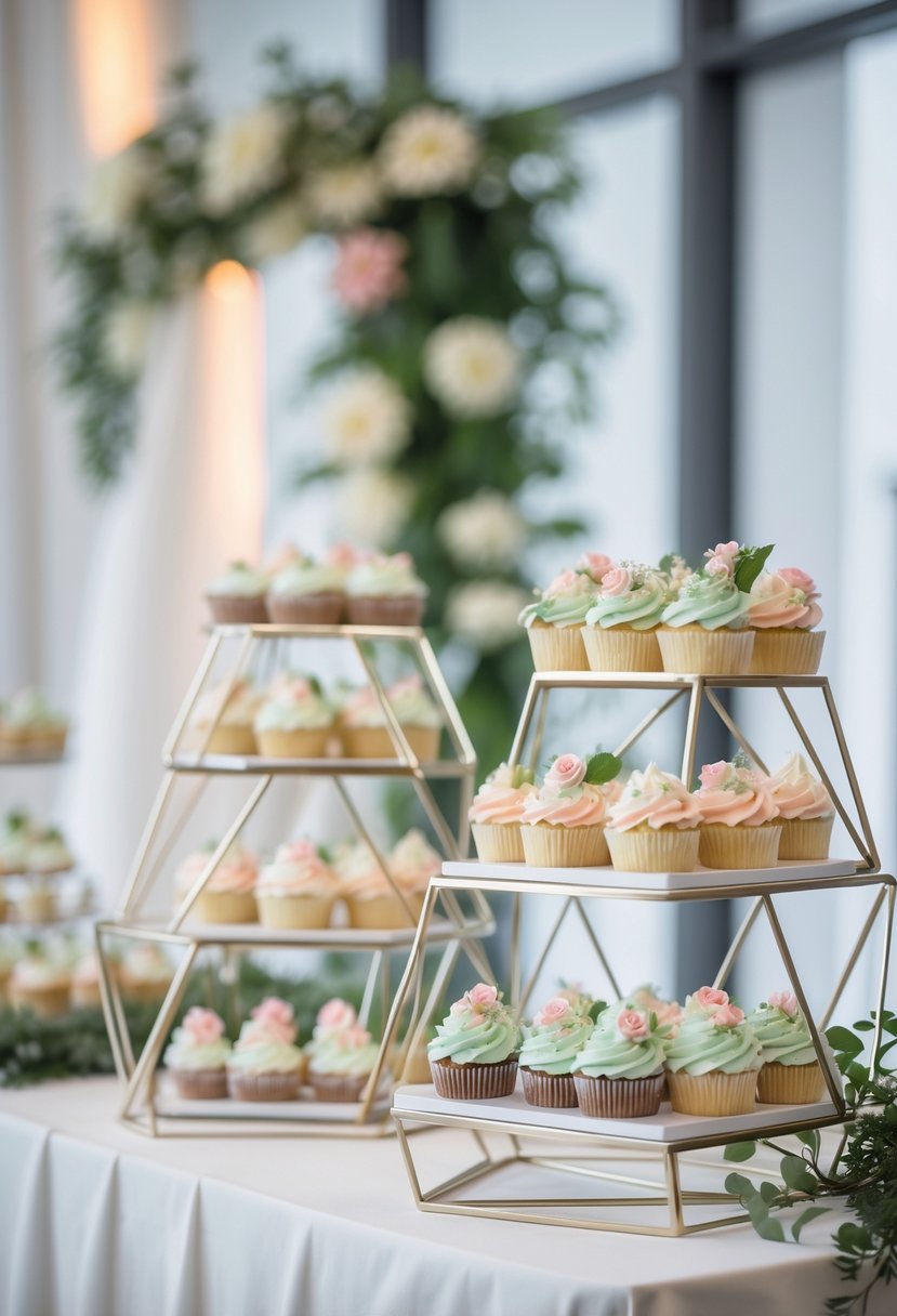 A tiered geometric metal cupcake stand holding pastel-colored cupcakes with floral decorations at a wedding display.