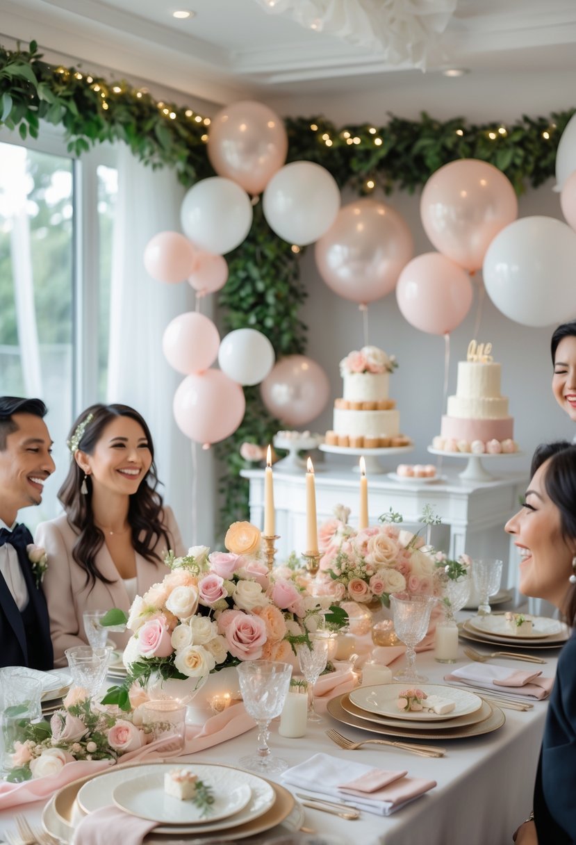 A decorated indoor wedding shower with a table set with flowers, candles, and desserts, surrounded by smiling guests.