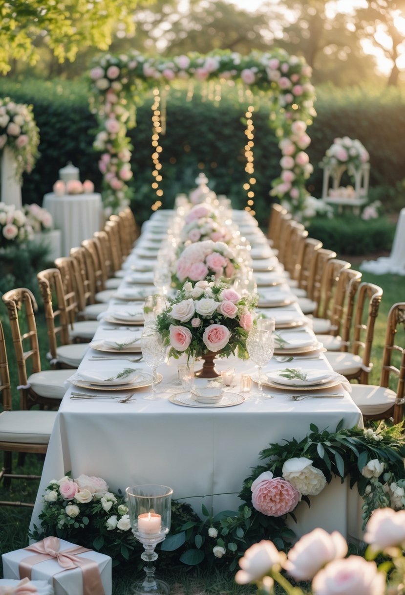 An outdoor garden party setup with a long table decorated with flowers, candles, and elegant tableware surrounded by lush greenery.