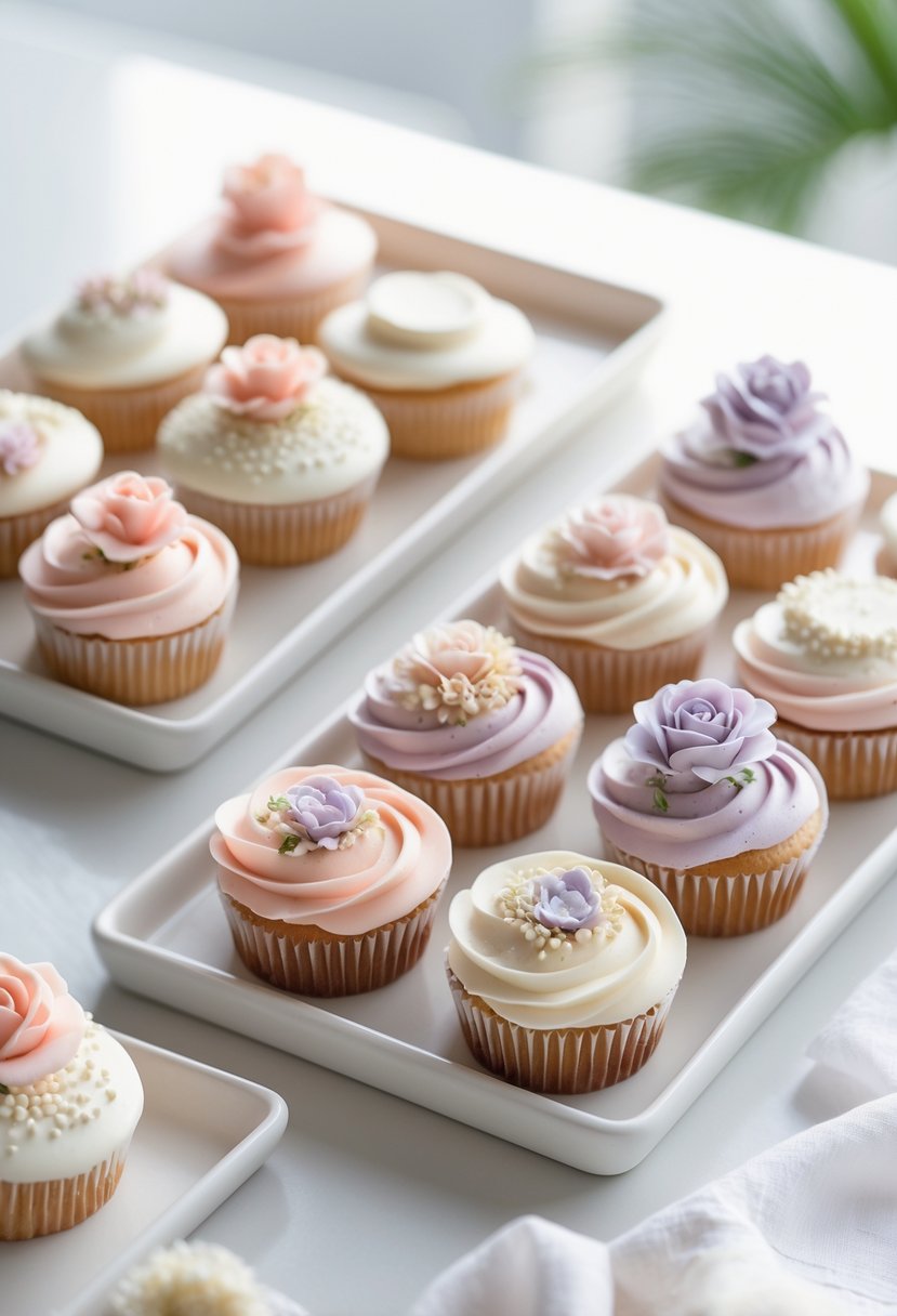 White ceramic cupcake trays holding pastel-colored wedding cupcakes on a white surface.