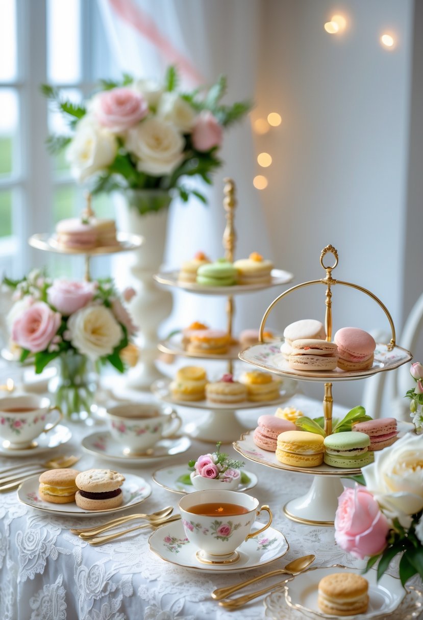 A table set for a wedding shower high tea with fine china, tiered trays of pastries, finger sandwiches, and fresh flower arrangements.