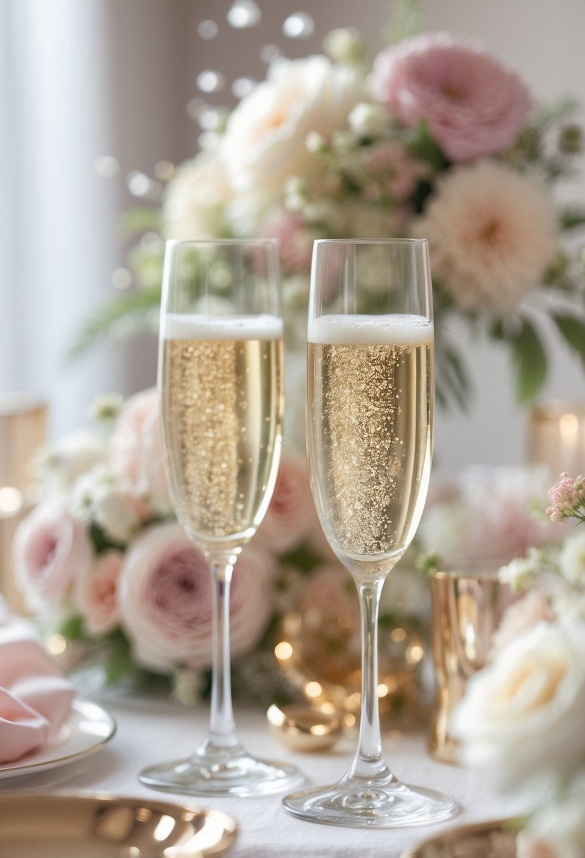 Two crystal champagne glasses clinking in a toast at a wedding shower with soft floral decorations in the background.