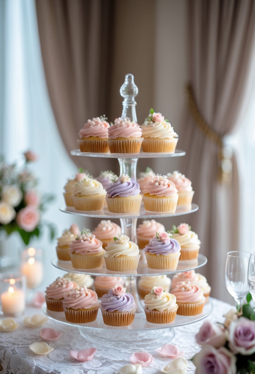 A multi-tiered stand filled with pastel-colored wedding cupcakes decorated with frosting and small flowers on a lace-covered table with soft natural light.