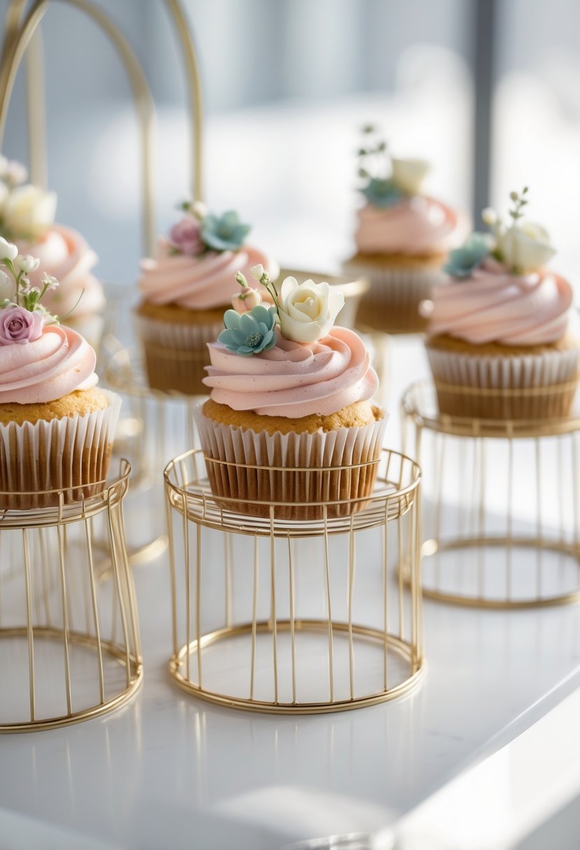 A set of brushed gold wire cupcake holders displaying decorated cupcakes on a white surface.