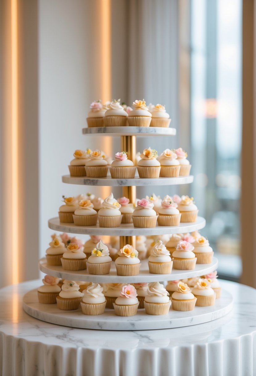 A white marble slab holding multiple tiers of decorated wedding cupcakes with pastel frosting and edible flowers.