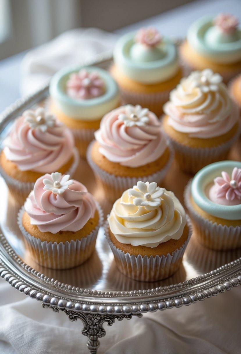 A vintage silver platter holding pastel-colored cupcakes decorated with pearls and floral accents.