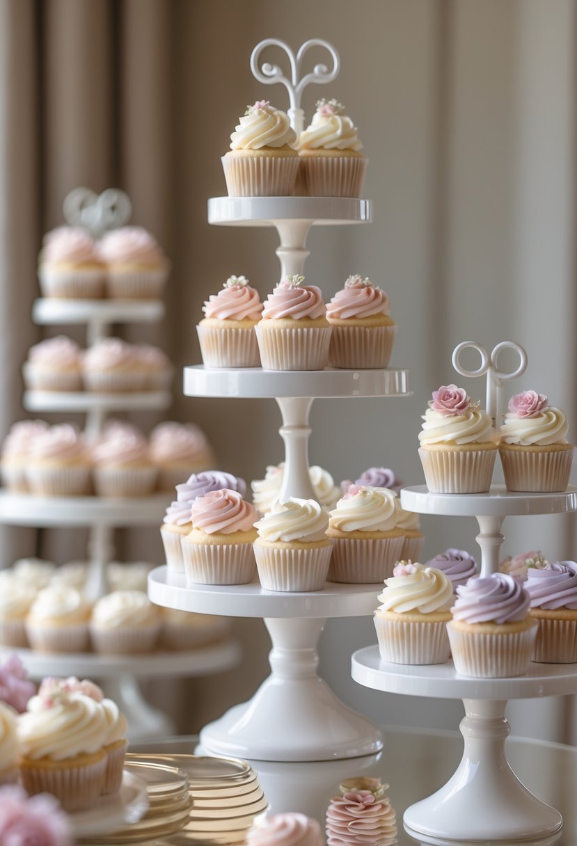 White ceramic cake stands of different heights displaying decorated cupcakes.