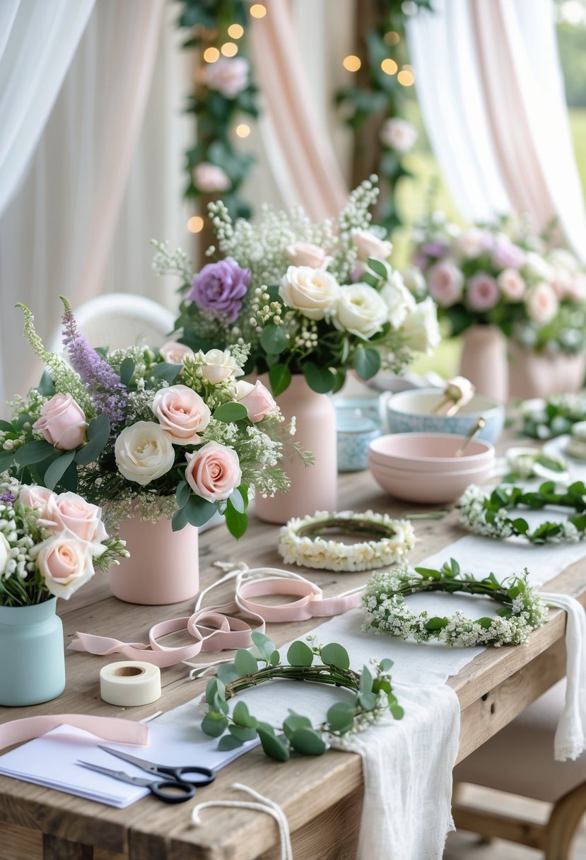 A table set up with fresh flowers, floral supplies, and partially made flower crowns for a wedding shower celebration.